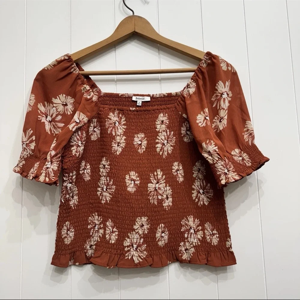Madewell Georgette Lucie Puff Sleeve Smocked Top Rust Floral Square Neck Size M